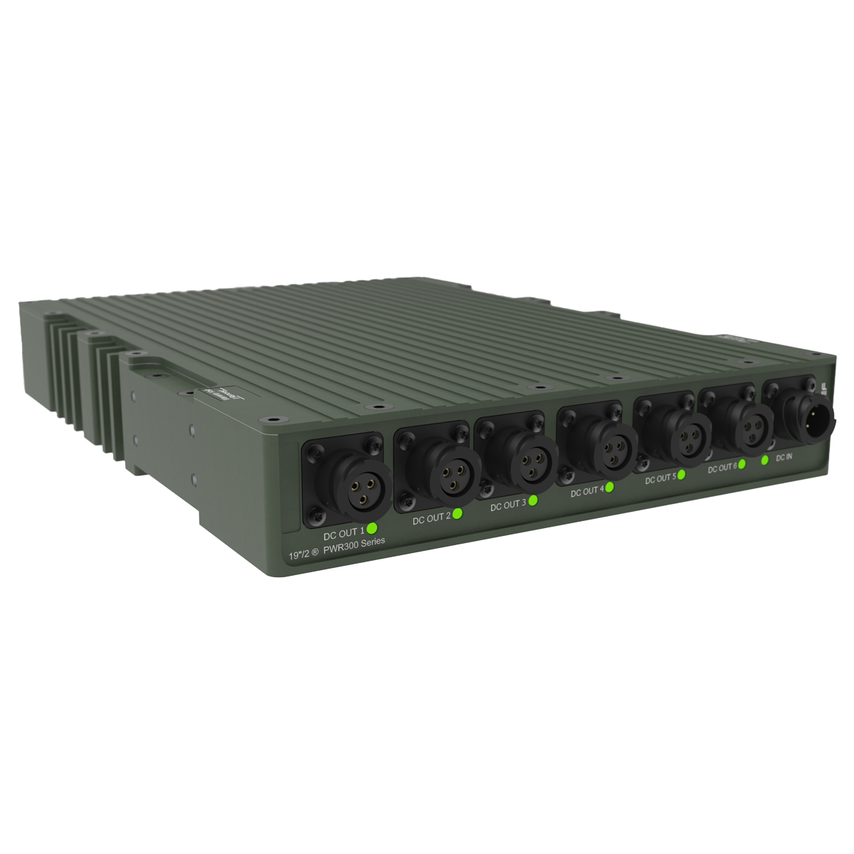 MilDef PWR300 Series compact DC power distribution unit with six DC outputs