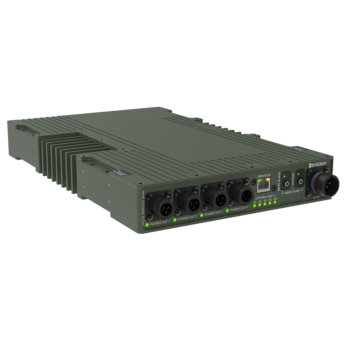 MilDef PWR3100 Series compact AC/DC power distribution unit with four DC outputs