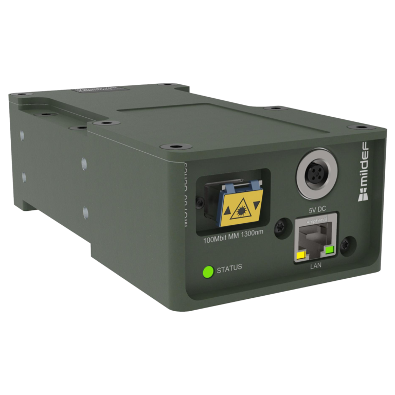 MilDef MC700 Series rugged Ethernet media converter for copper-to-fiber network conversion