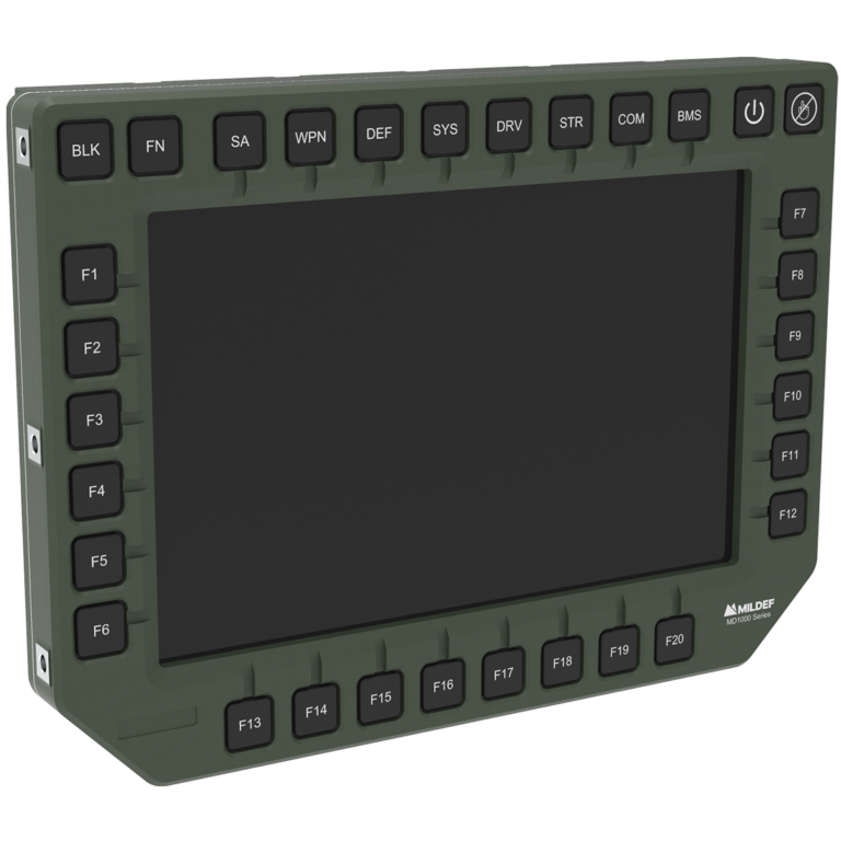 MilDef MxD1000 rugged 10.1 inch intelligent display with GVA bezel buttons for tactical platform systems