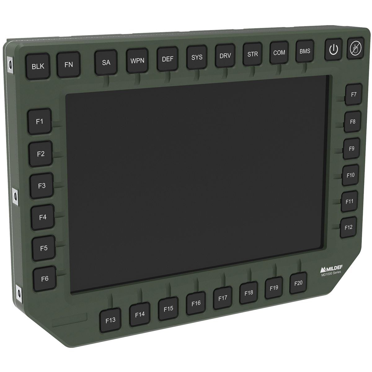 MilDef MxD1000 rugged 10.1 inch intelligent display with GVA bezel buttons for tactical platform systems